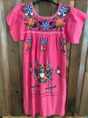 Embroidered Pink Maxi Dress with Floral Detail Hand Sewn and bought in Mexico